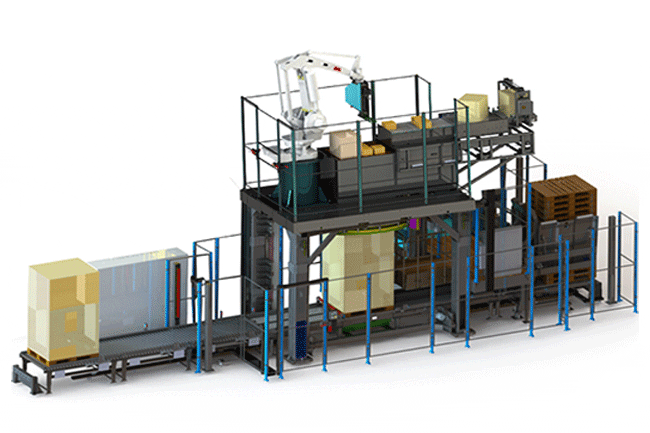 un rendu 3D de la solution de palettisation mixte robotique avec des flèches de couleurs pour montrer l'entrée des produits, ainsi que le mouvement des palettes.