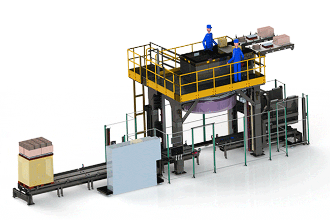 un rendu 3D de la solution de palettisation mixte semi-automatique avec des flèches de couleurs pour montrer l'entrée des produits, ainsi que le mouvement des palettes.